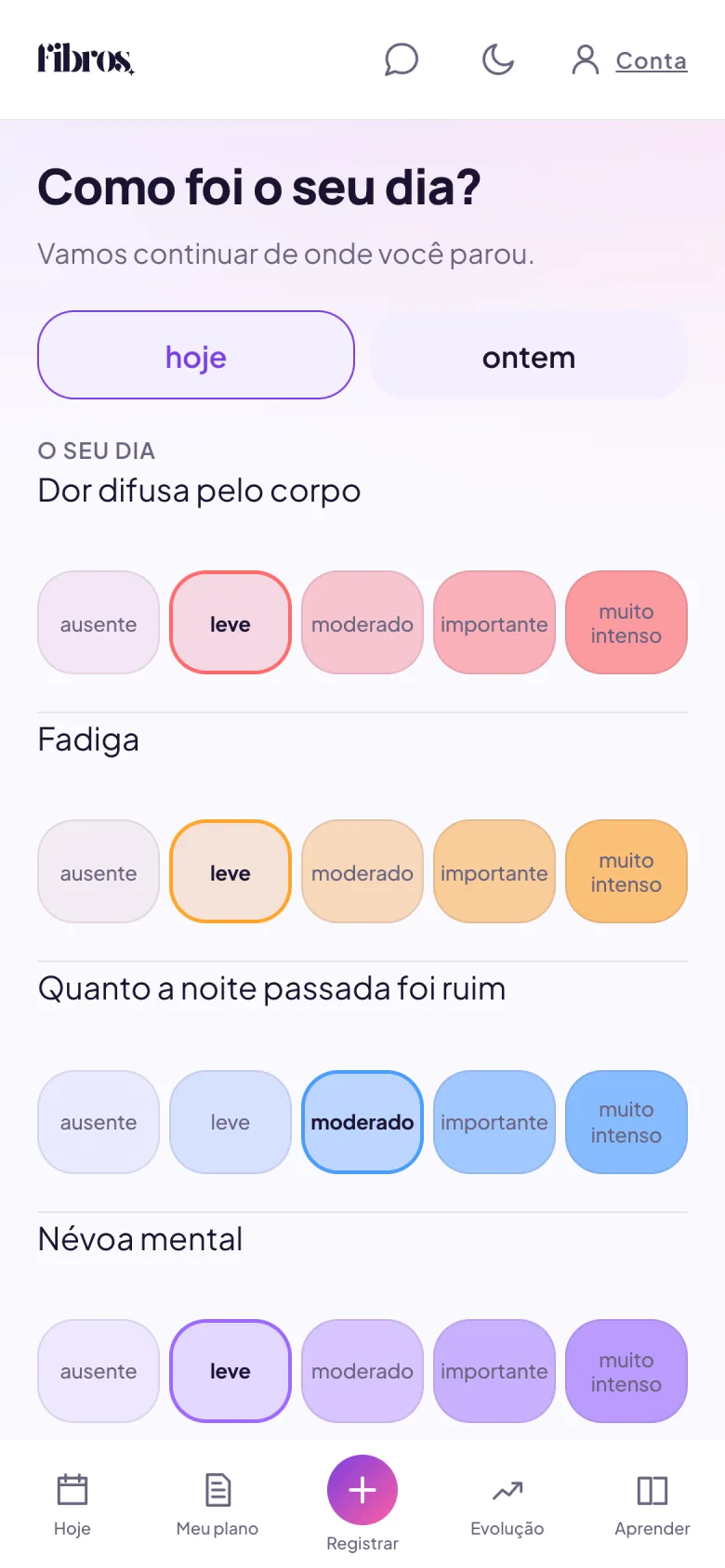 Tela "Diário de um minuto" do app Fibros